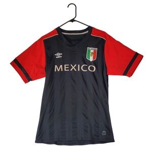 Umbro Mexico Soccer Jersey Mens Black Red Short Sleeve V-Neck Striped 2013